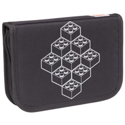 Tolltartó, klapnis, cipzáras, töltött, LEGO "Bricks", fekete-mintás